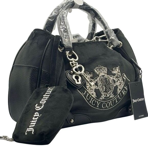 Juicy Couture Black Velour Faux Leather Nuova Twig Dog Double Handle X-Body Bag - Picture 3 of 10